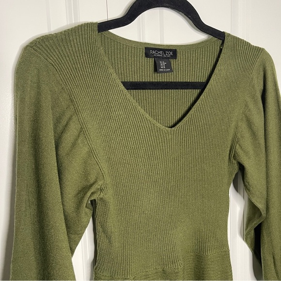 Rachel Zoe Olive Dress Size Medium Long Sleeve Fit Flare Vneck Green Designer - Picture 2 of 10